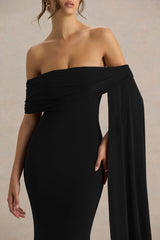 Saffina | Black Bardot-Neck Maxi Dress With Sash Detail