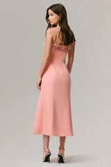 One To Remember | Coral Square-Neck Embellished Midi Dress