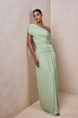Emberly | Green Draped Asymmetric-Neck Maxi Dress With Drop-Waist
