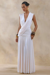 Glorina | Cream Plunge-Neck Maxi Dress With Draped-Detailing