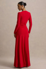 Estrella | Red High-Neck Maxi Dress With Ruched Detailing