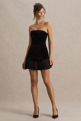 Valentina | Black Velvet Bandeau Mini Dress With Pleated Detailing