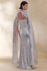 Devora | Silver Sequin Crew-Neck Maxi Dress With Cape Sleeves