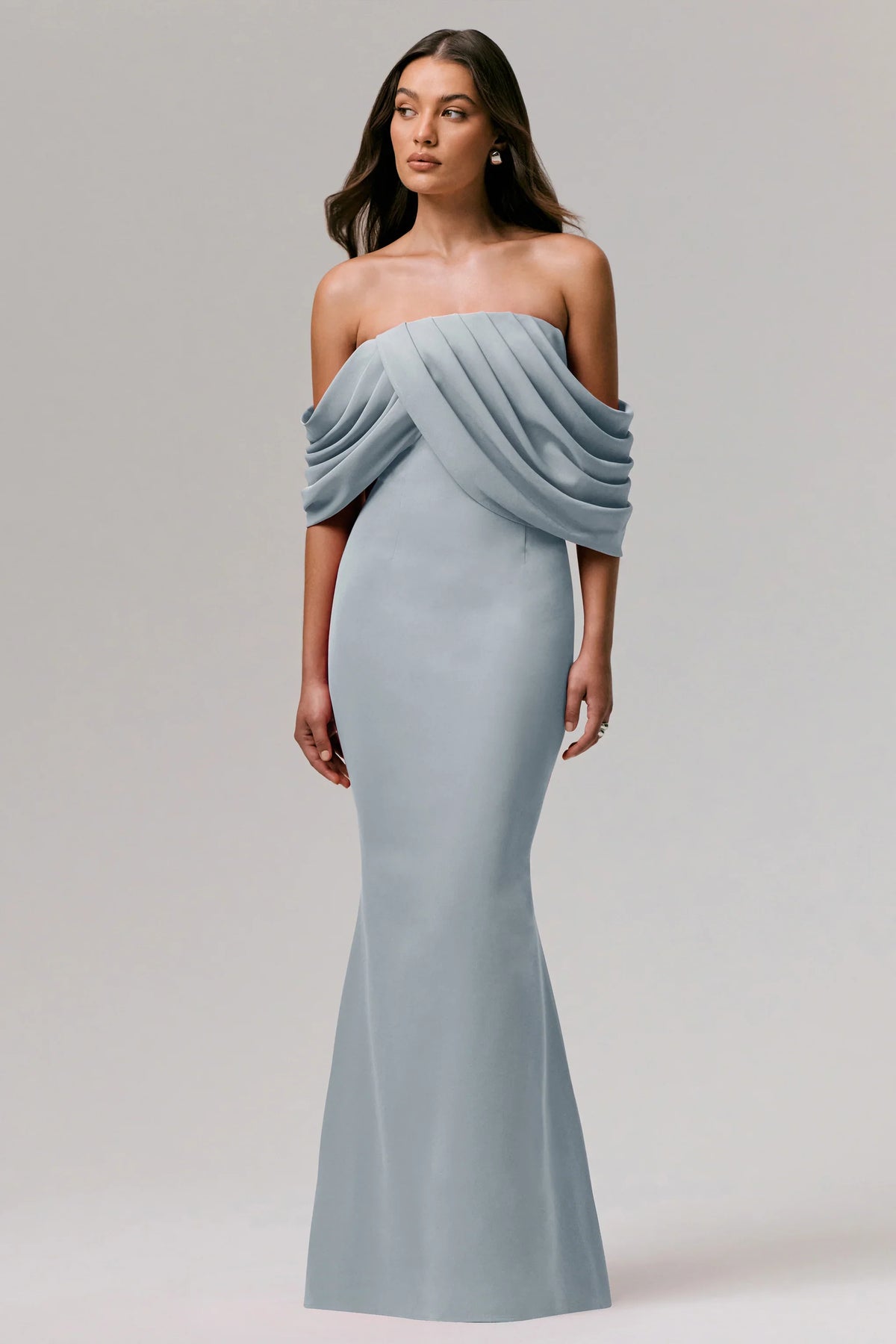 Serene | Powder Blue Draped Bardot Maxi Dress