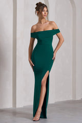 Law of Attraction | Bottle Green Bardot Draped Split Maxi Dress