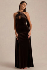 Layli | Brown Velvet Halter-Neck Maxi Dress With Cape