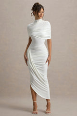 Enchant | White Asymmetric Twisted Cape Midi Dress