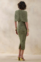 Parisia | Olive Round-Neck Midi Dress With Cape-Detail