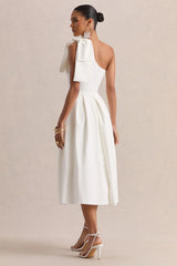 Meria | White Asymmetric-Neck Midi Dress With Bow-Sleeve