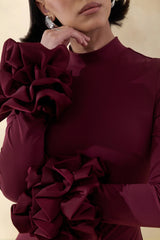 Jaselle | Dark Plum High-Neck Maxi Dress With Ruffled Satin-Cuffs