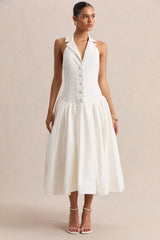 Ella | White Plunge-Neck Midi Dress With Drop-Waist