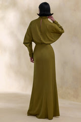Perla | Olive High-Neck Maxi Dress With Gathered-Detailing