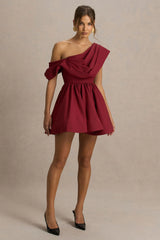 Verona | Burgundy  Draped Asymmetric-Neck Skater Mini Dress