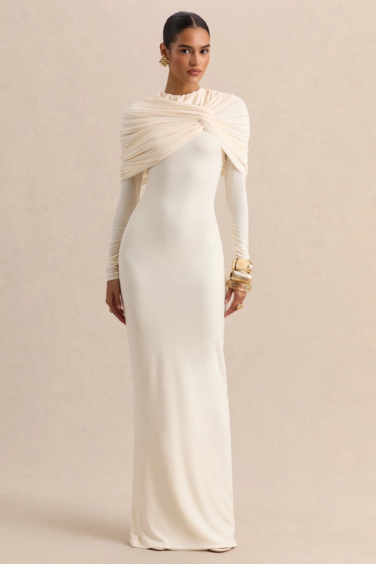Evessa | Cream High-Neck Maxi Dress With Gathered-Detailing