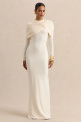 Evessa | Cream High-Neck Maxi Dress With Gathered-Detailing