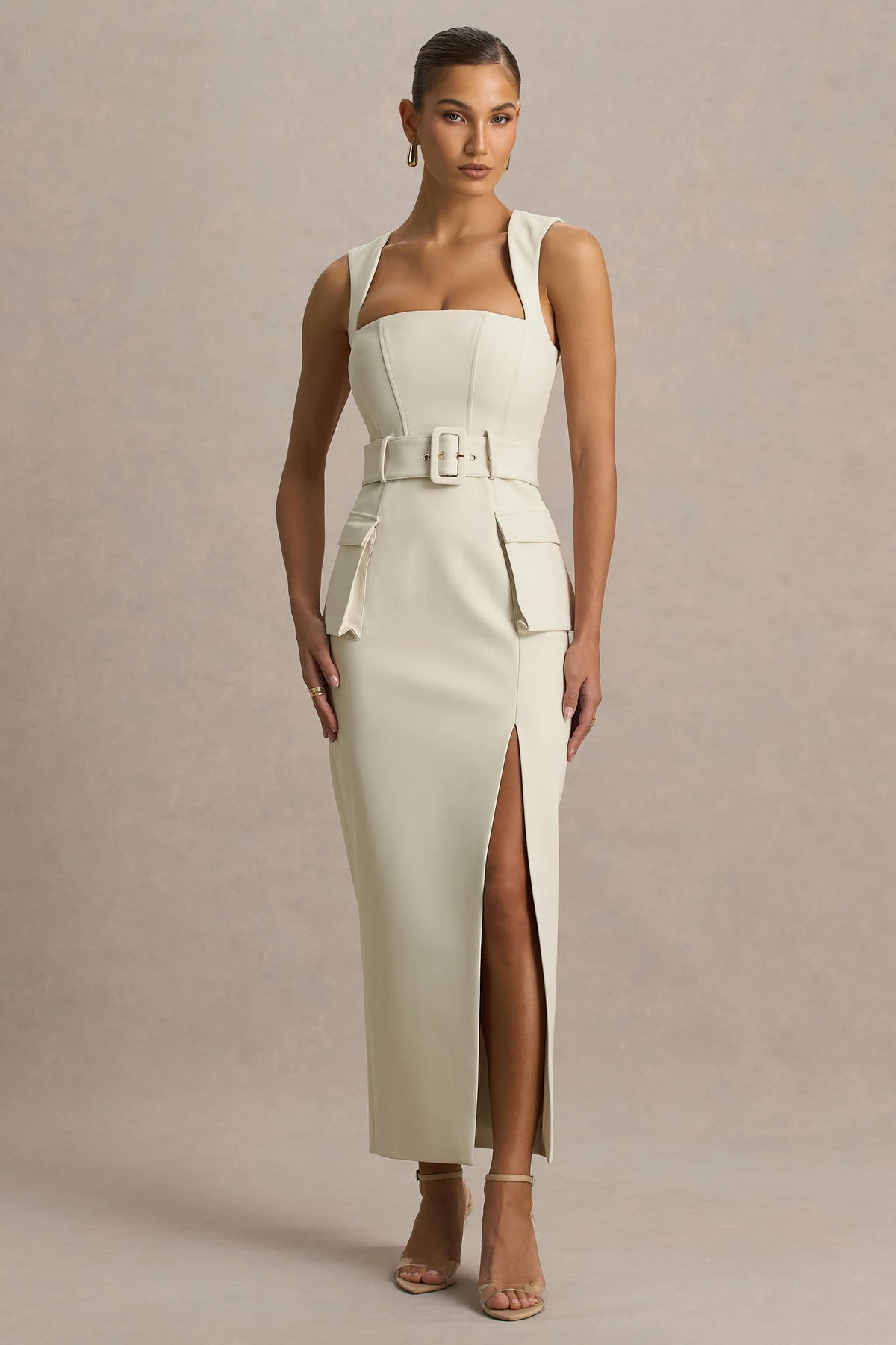 Sandra | Nude Square-Neck Tailored Maxi Dress With Front-High Split