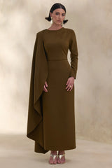 Jovea | Olive Round-Neck Maxi Dress With Cape-Sleeve