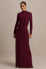 Melissa | Burgundy Long-Sleeve Wrap Maxi Dress With Draped Detailing